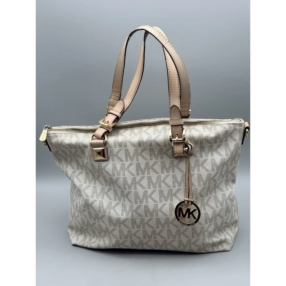 Michael Kors Large Signature MK Logo Satchel Bag Vanilla Blush Authenticated